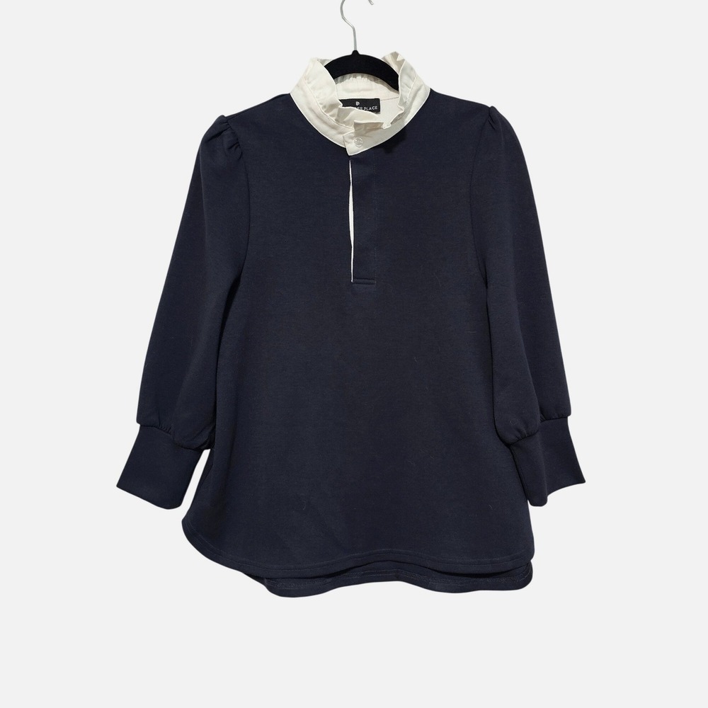 Pomander‎ Place Charlotte Terry Top S Navy Blue Ruffle Collar Rugby Long Sleeve
